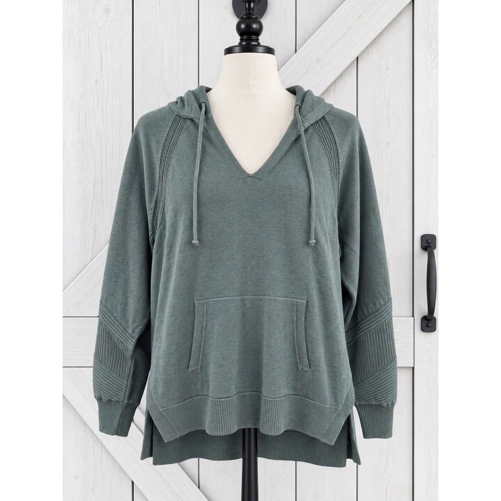 Athleta Hooded Knit Sweater Dark Teal Green V-Neck Knit Kangaroo Pocket Size L